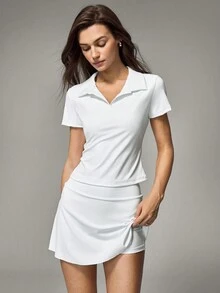 Hanevo 1 conjunto de top de manga corta y falda de unicolor, conjunto de 2 piezas para mujer