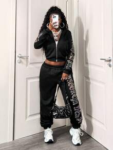 SHEIN BamGlam 女士时尚长袖连帽休闲拉链百搭字母印花卫衣 - 黑色 - 查看 7