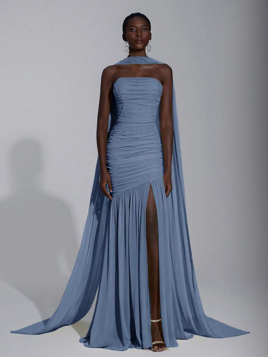 Elitara Elegant Cream Yellow Chiffon Halter Neck Dress (Detachable Sequins), Bust Ruched, Mesh Hem Fishtail, Suitable For Dates, Vacation, Weddings, Bridesmaid Events