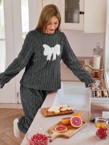 SHEIN 女士蝴蝶结刺绣抓绒拼接蝴蝶结装饰长袖上衣和裤子睡衣套装，舒适冬装，蓬松柔软 - 灰色 - 查看 5