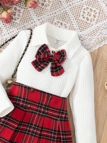 2pcs/Set Girls Toddler European & American Style Bow Decor Polo Collar Long Sleeve T-Shirt + Plaid Skirt, Spring/Autumn