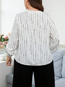 SHEIN LUNE 大码复古印花小碎花刺绣工艺立领可调节袖口宽松衬衫，秋季假日办公室优雅商务休闲女式上衣，休闲工作上衣条纹冬季舒适秋冬圣诞节新年感恩节派对女士复古风上衣 - 白色 - 查看 2