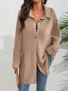 SHEIN Tall Tall Series Women Casual Versatile Long Loose Shirt - Khaki - View 6