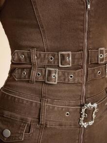 ROMWE EDITION Women's Retro Hippie Music Festival Sexy Halter Low Waist Mini Metal Decor Buckle Denim Jumpsuit - Brown - View 2