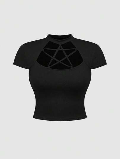 Goth Plus Size Women Gothic Hollow Out Star Lace-Up Front Tight Fit T-Shirt