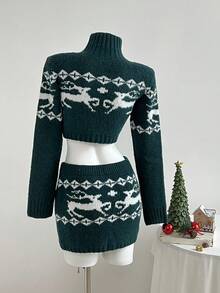 SHEIN Unity 2pcs Women Deer Pattern Knitted Sweater Set, Includes Zip-Up Cardigan And Elastic Skirt, Minimalist Style, Suitable For Autumn/Winter Christmas - Dark Green - View 2