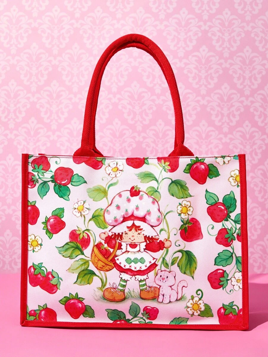 Strawberry Shortcake X SHEIN 1 件装涤纶卡通草莓印花大容量手提袋，可装笔记本电脑，适合通勤、上学、户外活动，女士适用，甜美田园风格，送礼佳品 - 彩色 - 查看 1