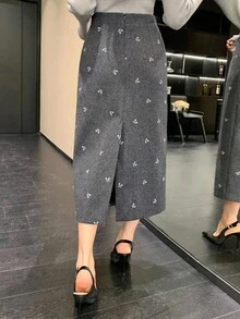 DAZY Women's Bow Print Backless Slit Elegant Skirt Fall Winter Women Skirts