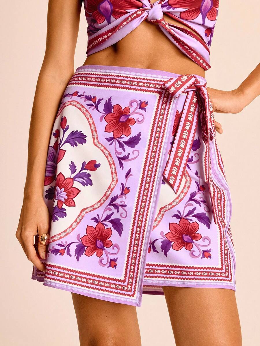 CAJUNI Casual Vacation Print Twist Women Skirts - Multicolor - View 1