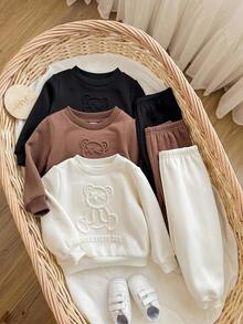 6pcs Baby Boy Casual Solid Color Knit Sweatshirt And Elastic Waist Pants Set, Autumn/Winter Fall - Multicolor - View 3