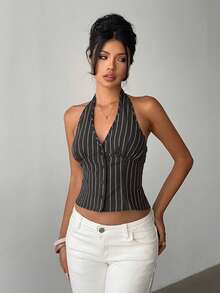 Aloruh Women's Cotton Striped Stand Collar Single-Breasted Top Thin Suit Jacket - Grey - View 7