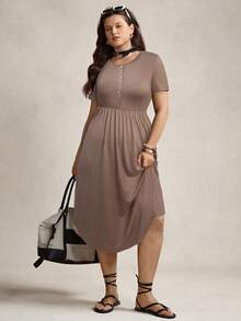 Zelara Vestido cómodo de manga corta con cuello redondo y decoración de botones frontales, para primavera/verano, talla grande - Marrón Mocha - Ver 4