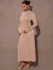 MaterniChic Maternity Gold Autumn Elegant Formal Solid Color Stand Collar Long Sleeve Ruched Fitted Midi Dress,Champagne Beige Nude Dresses For Women - Apricot - View 6
