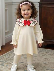 Cozy Pixies Baby Girl Floral Print Ruffle Collar Long Sleeve Cinched Waist Dress Fall Winter Cream Baby Girl Dress Baby Vintage Dress Beige Dresses For Baby Girls Baby Winter Dress Beige Toddler Dress