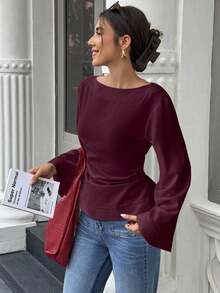 EMERY ROSE Women's Elegant Solid Color Waist Cinched Flare Sleeve Blouse, Autumn, Christmas