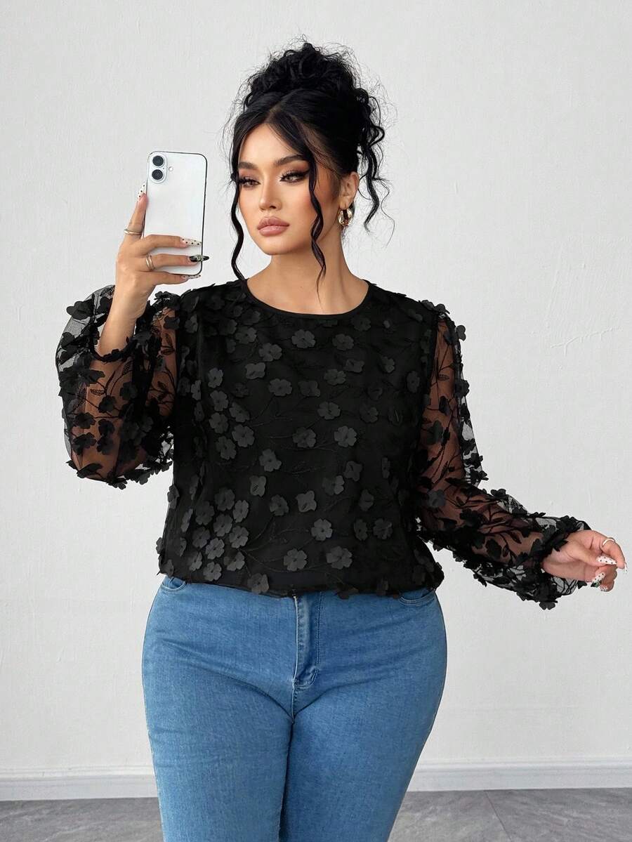 Elenzga Plus Size Women's Round Neck Elegant 3D Floral Embroidered Mesh Lantern Sleeve Blouse - Black - View 1