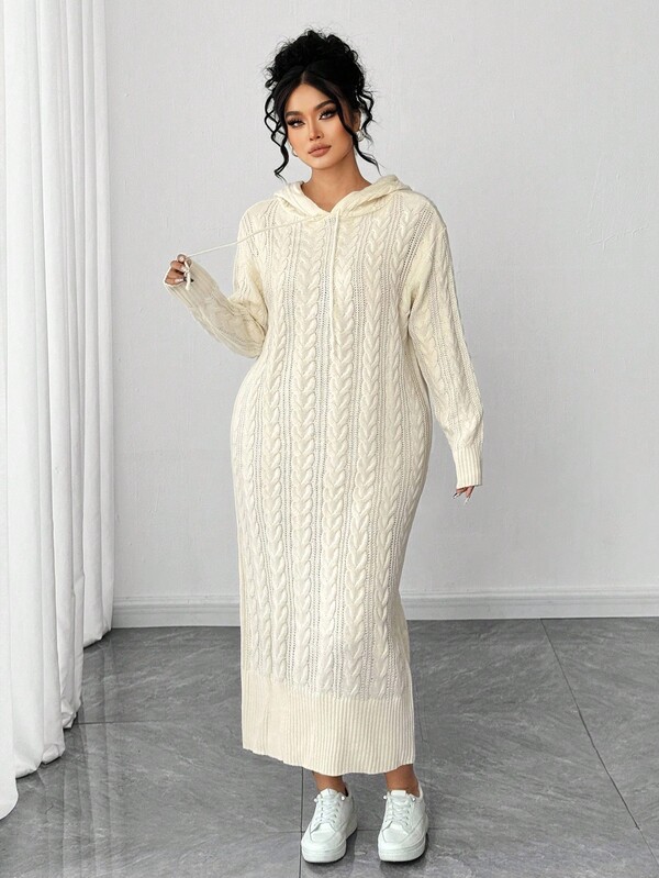 Elenzga Plus Size Beige Cable Knit Hooded Long Sleeve Midi Sweater Dress, Comfortable & Elegant