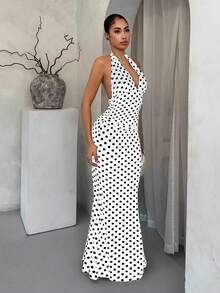 SHEIN SXY 黑白波点优雅挂脖鱼尾下摆连衣裙 - 白色 - 查看 6