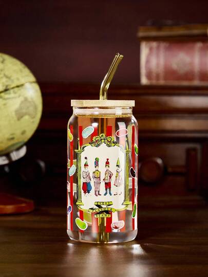 HARRY POTTER X SHEIN 1 Pc 500 Ml/17.6 Oz Novelty Jelly Bean Print Glass Cup With Straw Cleaning Brush, Heat & Cold Resistant, Suitable For Milk, Juice Etc.,Christmas,Gift Ideas