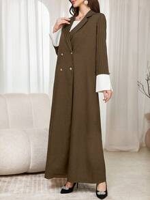 Al Najma 女士休闲翻领条纹撞色口袋纽扣简约长袍夹克，优雅开放式纽扣长袍，适合日常休闲/工作 - 棕色 - 查看 5