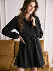 LanaWest Western Style Long Sleeve Ruffle Tie Waist Loose Women Short Dress - Dark Grey - View 3