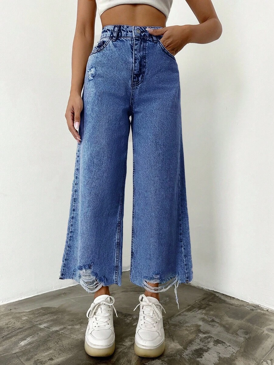 EURMUSE 100%Cotton Women Casual Ripped Wide Leg Jeans - Medium Wash - View 1