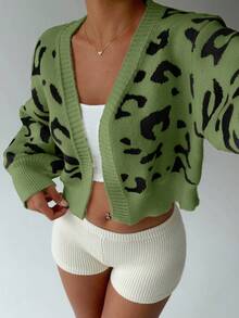 Lunelith SHEIN Lunessa كارديجان نسائي فضفاض مصنوع من الصوف المحبوك بأكمام طويلة وياقة منسدلة بطبعة نمر، مناسب للخريف والشتاء