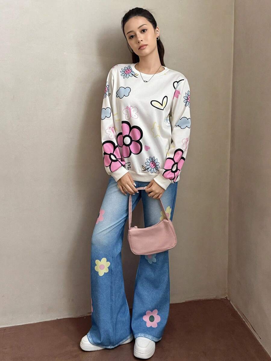 少女全身花卉印花休闲运动衫和牛仔效果裤套装 - 彩色 - 查看 1