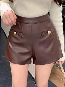 DAZY Celana Pendek Wanita PU Polos Elegan dengan Rivet dan Kantong Imitasi - Coffee Brown - View 3