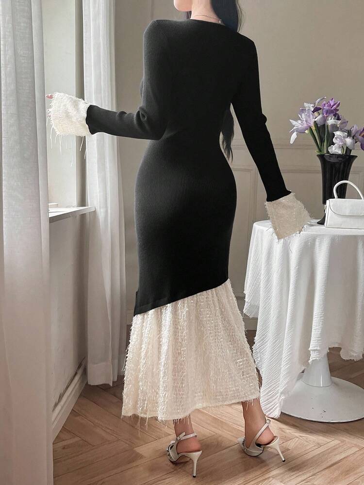 Women's Elegant Color Block Ruffle Hem Sweater Dress, Autumn