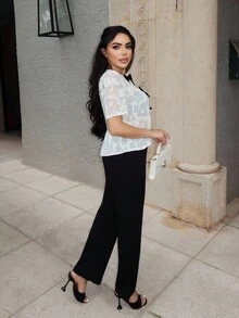 Durrani Popal 女款素色百褶休閒直筒褲，適合嬌小女性 - 黑色 - 查看 4