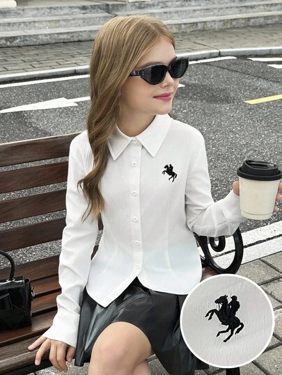 SHEIN Serisse Kids 少女纯白衬衫，饰有刺绣图案，修身长袖上衣，适合日常穿着、返校季以及秋冬季日常穿着。