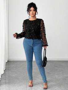 Elenzga Plus Size Women's Round Neck Elegant 3D Floral Embroidered Mesh Lantern Sleeve Blouse - Black - View 7