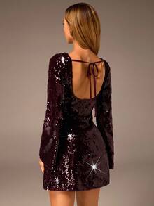 Avantive 秋季/秋冬/返校/乡村音乐会派对外出时尚/基本款/毕业万圣节勃艮第长袖露背亮片迷你连衣裙 - 酒紅色 - 查看 3