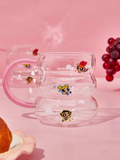 THE POWERPUFF GIRLS X SHEIN 1pc Blossom, Bubbles, Buttercup Pattern High Borosilicate Glass Cup, Large Capacity, Dishwasher Friendly, Suitable For Milk, Juice, Coffee