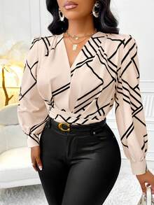 SOLERSUN 大码女式优雅 V 领长袖褶皱全印花休闲衬衫（随机花卉），女式长袖上衣秋季布料，秋冬，Old Money 杏色黑色撞色几何印花 V 领后下摆带抽绳，适合通勤和日常穿着，适合各种场合 - 杏色 - 查看 4