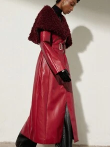 Aveloria Modichic 红色皮革拼接长款束腰夹克，复古优雅风格，适合秋冬季通勤和约会穿着，系带设计凸显身材。 - 紅色 - 查看 5