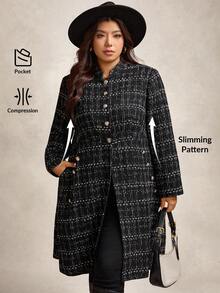 Zelara Plus Size Women Elegant Commuter Thick Tweed Long Blazer In Fall/Winter - Black - View 3