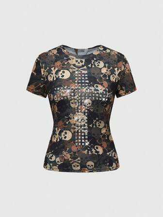 J-Fashion maglietta aderente con stampa mimetica, design punk con rivetti a croce e taglio laser, stile Y2K