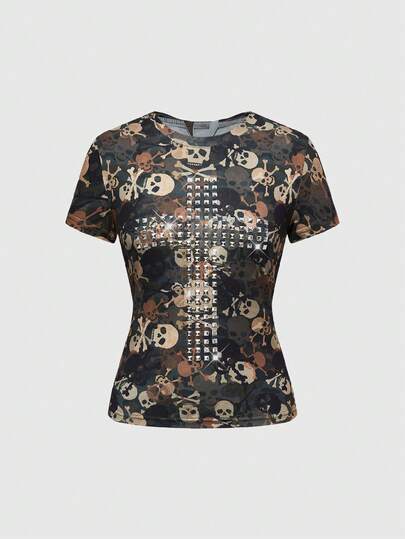 J-Fashion Y2K Punk Kreuz Nieten Design Laser geschnittenes Camouflage Muster Figurbetontes T-Shirt