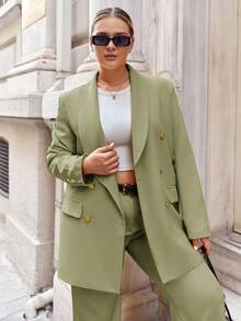 EURMUSE 大码两件套 - 纯色夹克和裤子，休闲/正装 - 軍綠色 - 查看 5