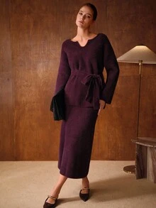 MOTF PREMIUM SOLID NOTCH NECK FLUFFY KNIT BELTED SWEATER & SPLIT BACK KNIT SKIRT SET - Violet Purple - View 4