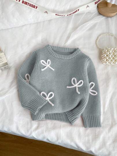 SHEIN Vintaside Kids Toddler Girls' Embroidered Pink Pullover Sweater, Suitable For Spring/Autumn, Can Be Worn As Layering Piece In Cold Winters. Delicate Bow Embroidery Adds Adorable And Playful Charm. Suitable For Family Gatherings, Halloween, New Year, Thanksgiving, Christmas, Easter, National Day, Parties, New Year's Eve Baby Set Autumn Winter Season Baby Clothes Girl Fall Sweater Baby Girl Jumper Baby Solid Color Knitted Sweater Baby Turtle Neck Baby Sweater Baby Sweater Autumn Winter Season
