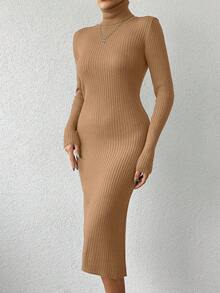 EURMUSE Váy len ôm cổ lọ màu trơn đơn giản mùa thu/đông - Màu Khaki - Xem 4