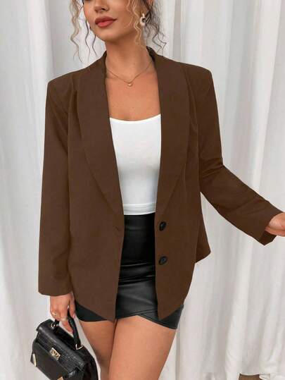 Vionelle 大码女式商务休闲纯色披肩领长袖垫肩西装外套，正式场合穿着棕色西装外套女式棕色夹克夏季女式西装外套