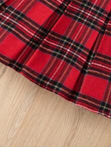 2pcs/Set Girls Toddler European & American Style Bow Decor Polo Collar Long Sleeve T-Shirt + Plaid Skirt, Spring/Autumn