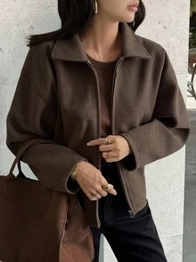 DAZY 女式宽松拉链夹克外套 - 棕色 - 查看 1