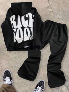 SHEIN 2 件套青少年男孩休闲 Rich Soon 文字和人物印花长袖连帽运动衫和梭织工装裤运动服套装，适合外出、聚会和上学 - 紅色 - 查看 2