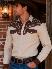 Manfinity Nomadique 男士成熟度假双胸口袋西式长袖衬衫 - 彩色 - 查看 4