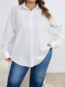 SHEIN CURVE+ Áo sơ mi công sở màu trắng dáng rộng cỡ lớn, thích hợp cho mùa xuân/hè 2025, kiểu dáng Ins, phù hợp cho mùa hè/đồng quê/kỳ nghỉ biển/trang phục đi biển/mùa thu/mùa đông. - trắng - Xem 3